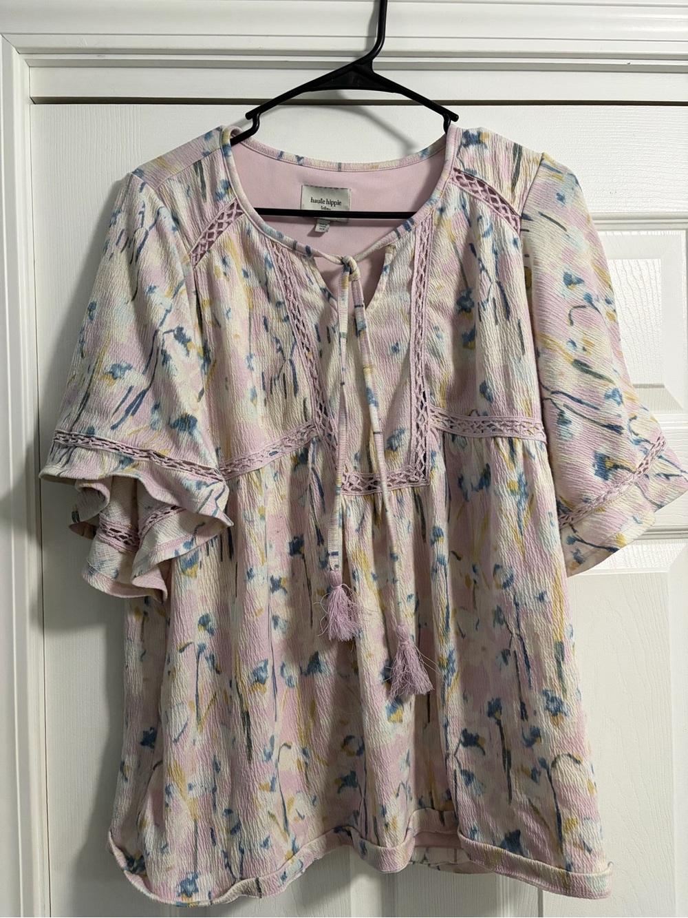 Haute Hippie Pastel Pink Floral Tassel Peasant Top